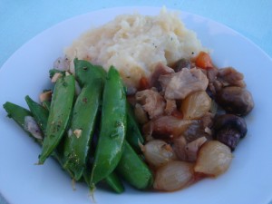 Coq au Vin, Root Vegetable Purée and Snap Peas 